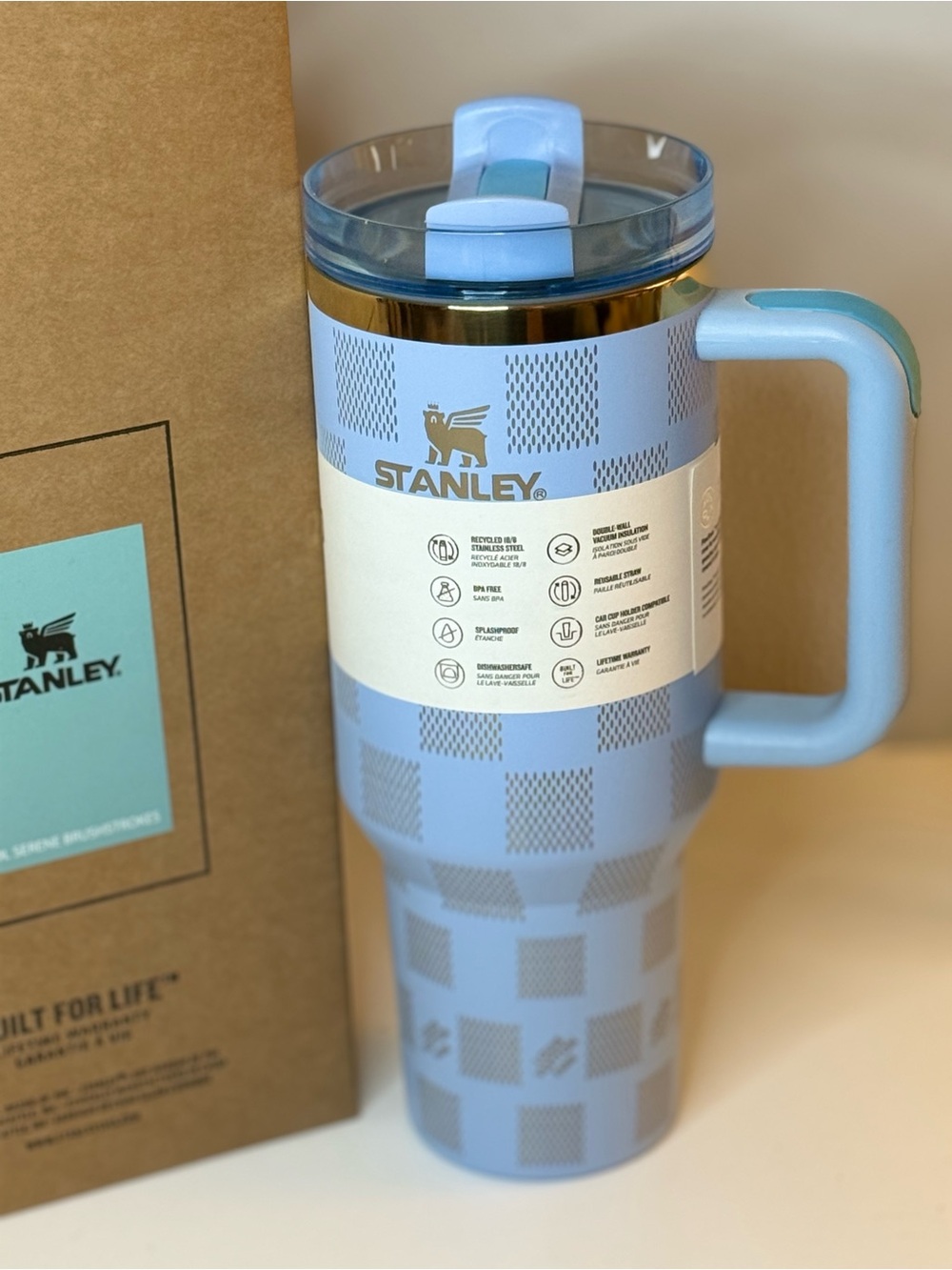 New! Stanley Light Blue Check Travel Mug with Handle 40oz